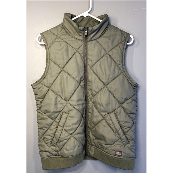 Dickies Wmns Lined Puffer Jacket Vest Olive Green quilted lined workwear XL Logo - Picture 1 of 5